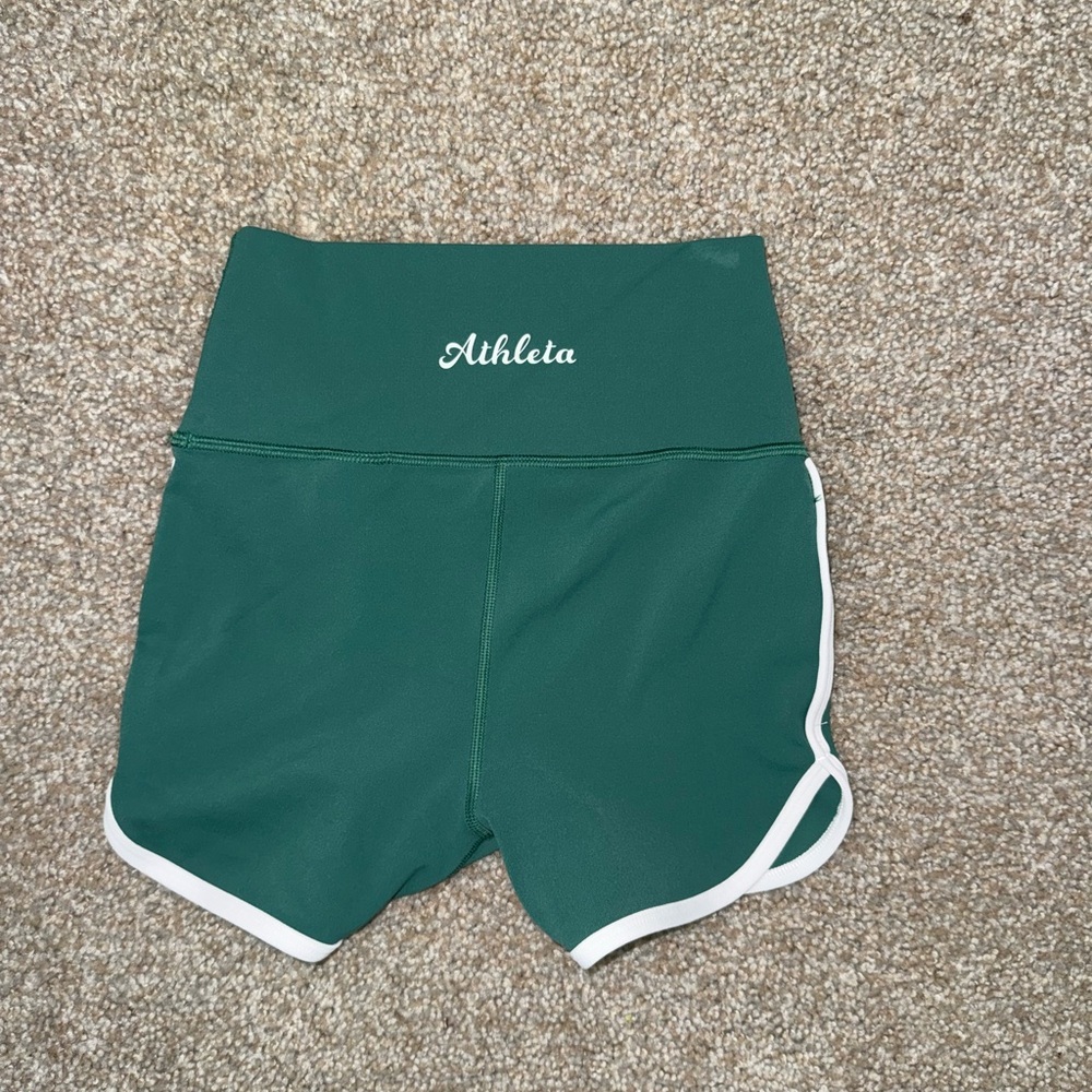 Athleta Forest Green High-Waist Athletic Shorts with White Piping